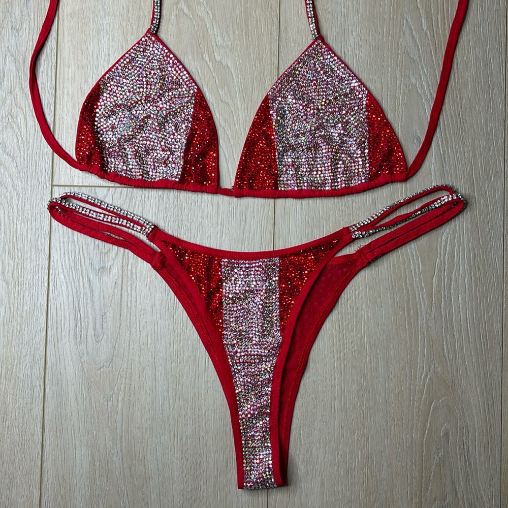Red silver rhinestone thong string triangle bikini show sparkle pool swim